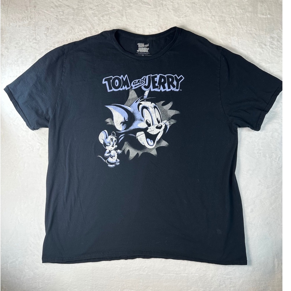 Tom and Jerry Graphic T-Shirt Mens 3XL Black Cotton Short Sleeve Cartoon Tee